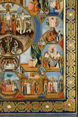 Икона «Распятие Господне» с евангелистами, праздниками в 16 клеймах и Страстями в 14 клеймах